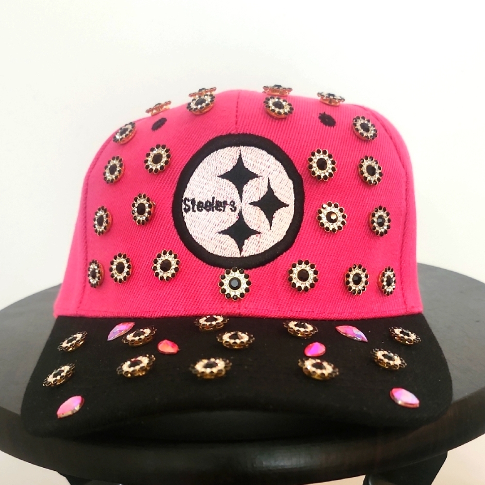Hot Pink and Black Steelers Hat with Embellishments